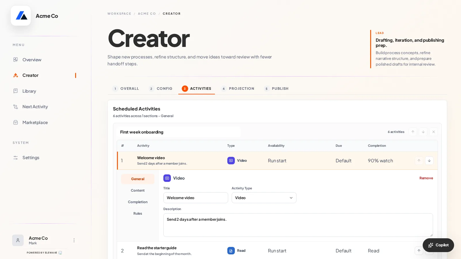 EleWave product screenshot placeholder: Activity type builder